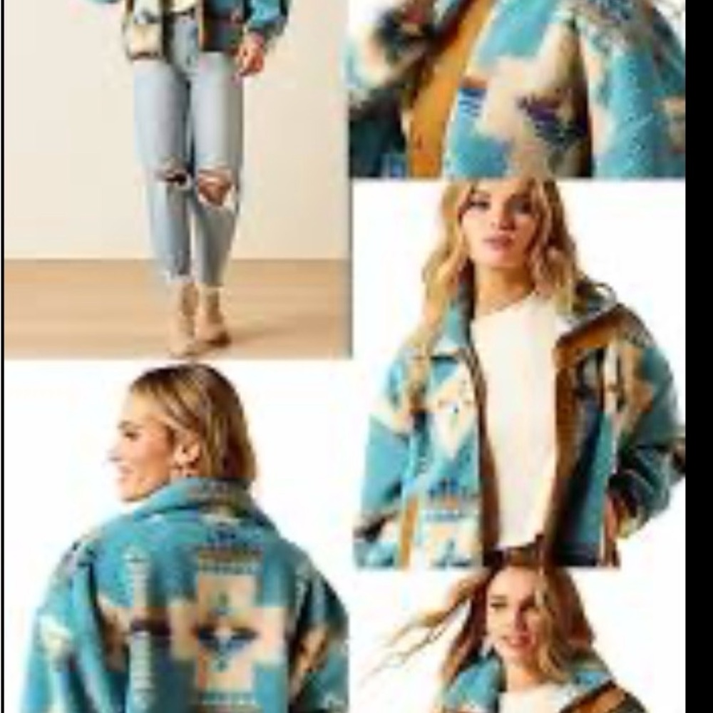 Ariat Teal and Cream Aztec Sherpa Jacket with Brown Trim